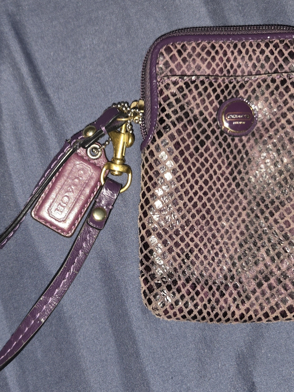 Coach Purple Snake-Texture Wristlet with Gold Hardware